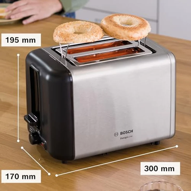 Bosch TAT3P420DE DesignLine Kompakt-Toaster, Auftau-Aufwärmfunktion, versenkbarer Brötchenaufsatz, Abschaltautomatik, 970 W, Edelstahl-schwarz – Bild 3