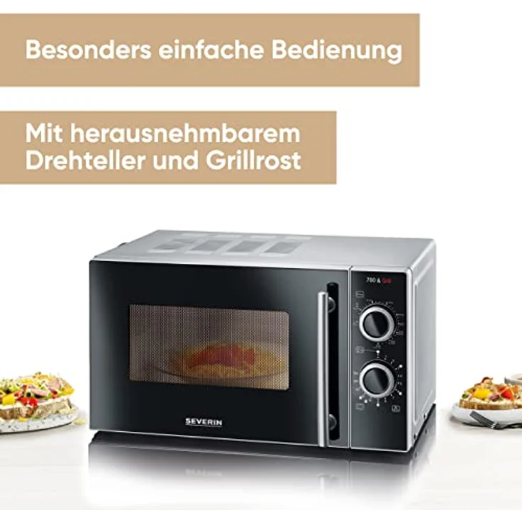 Severin MW 7771 Mikrowelle, 20 Liter Garraum, Standgerät, 700 Watt, mit Grill, Auftauprogramm, Timer, inkl. Grillrost, grau, schwarz – Bild 2