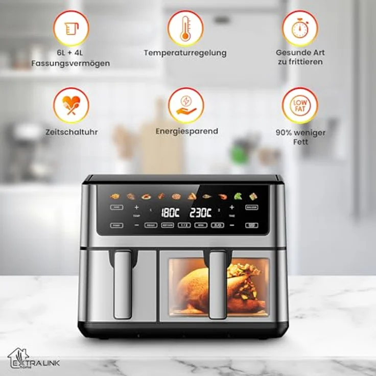 Extralink 2500W Airfryer 10L (6.5L + 3.5L), Heißluftfritteuse Doppelkammer mit 8 Kochfunktionen, LED-Touchscreen, 80°C bis 200°C, 90% weniger Fett – Bild 8