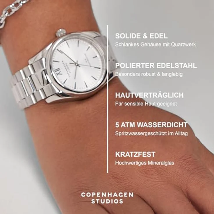 COPENHAGEN STUDIOS Round Watch Gold, 36 mm - elegante Damenuhr aus poliertem Edelstahl, Quarzwerk, 5 ATM wasserdicht, kratzfest, analoge Armbanduhr – Bild 3
