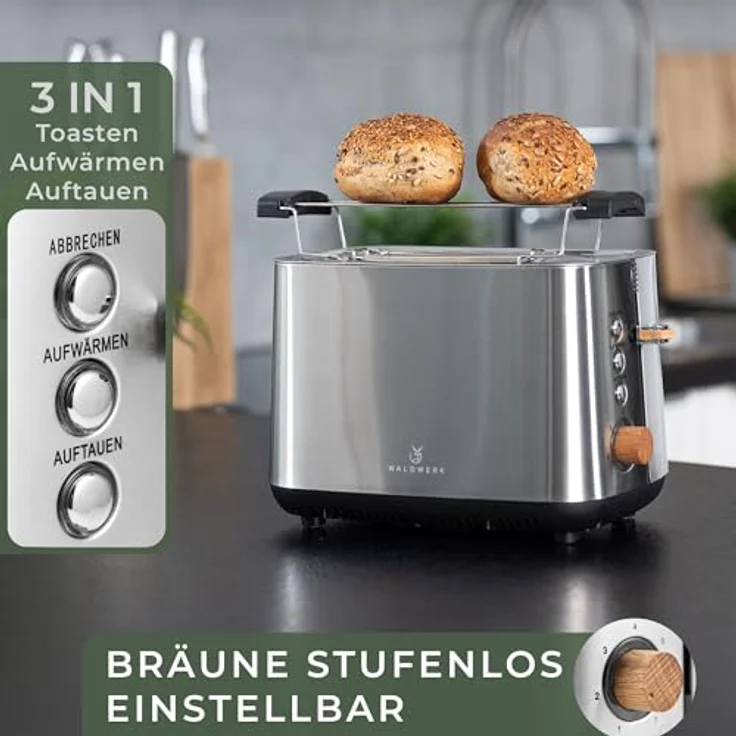 WALDWERK Design Toaster aus 304 Edelstahl und Eichenholz, für 2 Scheiben mit Brötchenaufsatz, extra breite und tiefe Toastkammern, mit Krümelschublade – Bild 4