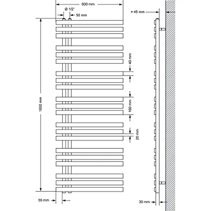 ECD Germany Iron EM Design Badheizkörper, Elektrisch mit Heizstab 1200 W, 600 x 1600 mm, Weiß, Handtuchwärmer und Trockner – Bild 3