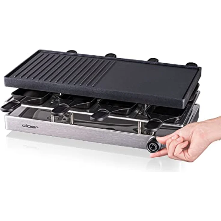 Cloer 6458 Raclettegrill mit Aluminium-Druckguss Platte, 1200 W, 8 antihaftbeschichtete Raclettepfännchen, Kunststoffspachtel, unbeheizter Parkplatz, Aluminium – Bild 4