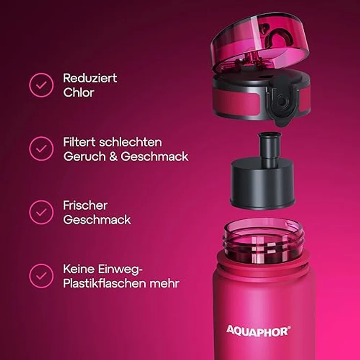 AQUAPHOR City Filterflasche 500ml Pink I Flasche mit Wasserfilter für unterwegs I Filter mit Aktivkohle I Filtert Chlor I Aus Tritan & BPA-frei I Für besseren Geschmack & Geruch des Wassers – Bild 3