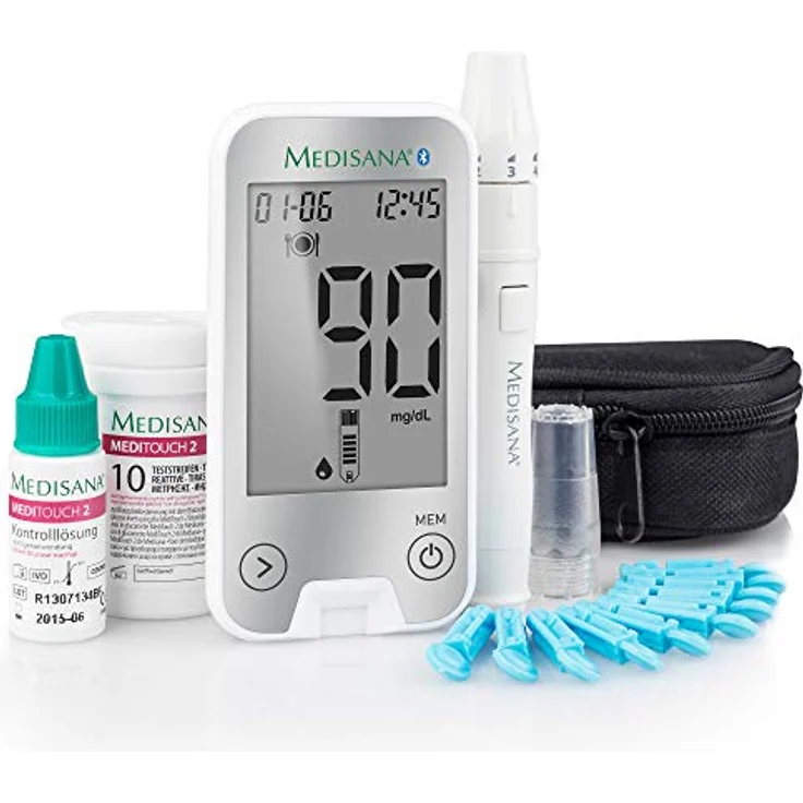 Medisana MediTouch 2 connect Blutzuckermessgerät mg/dL und mmol/L, Starterset mit Teststreifen und Blutlanzetten, Blutzuckermesssystem für Diabetiker, Blutzuckerspiegel, Silber-Edition – Bild 1