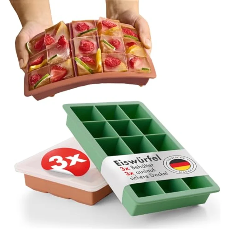 Blumtal Eiswürfelformen Silikon 3er Set, 15er Eiswürfelform mit Deckel, BPA-frei, lebensmittelecht, Olivgrün + Olivgrün + Mineral Rot – Bild 1