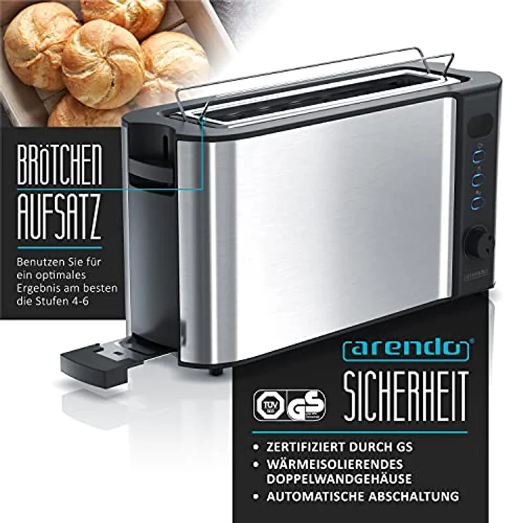Arendo Frukost 2-Scheiben-Edelstahl Langschlitz-Toaster - Defrost Funktion - Wärmeisolierendes Doppelwandgehäuse - mit Brötchenaufsatz - Silber Edelstahl – Bild 2