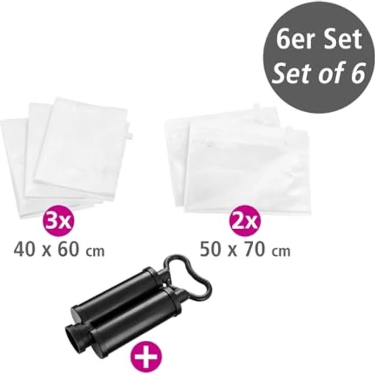 WENKO Vakuum Beutel Reise-Set, 6-teilig mit Staubsaugeranschluss, transparent, Platzsparend bis zu 75% – Bild 3