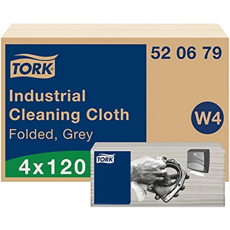 Tork Gefaltete Industrie Reinigungstücher Grau W4, flexibel und weich, 4 × 120 Tücher, 520679