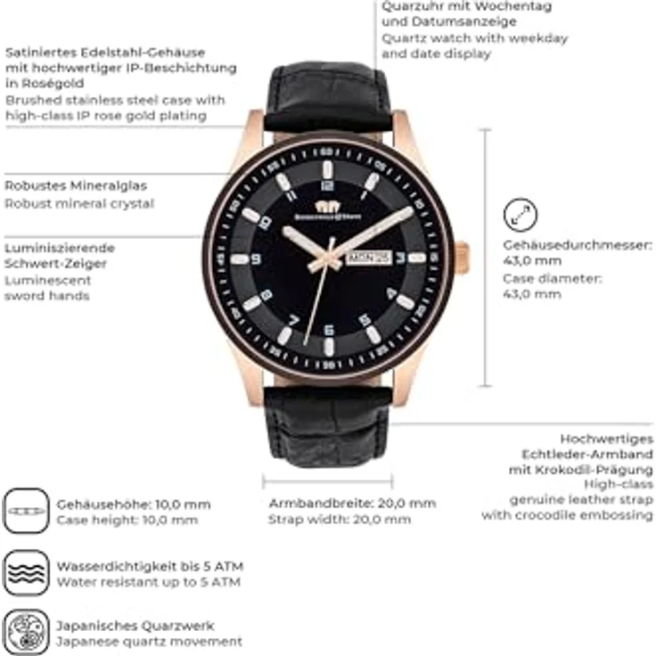 Rhodenwald & Söhne Couragian Herrenuhr Quarzuhr Edelstahl roségold/schwarz 5 ATM - Präzisions-Quarzwerk Echtlederarmband schwarz – Bild 2