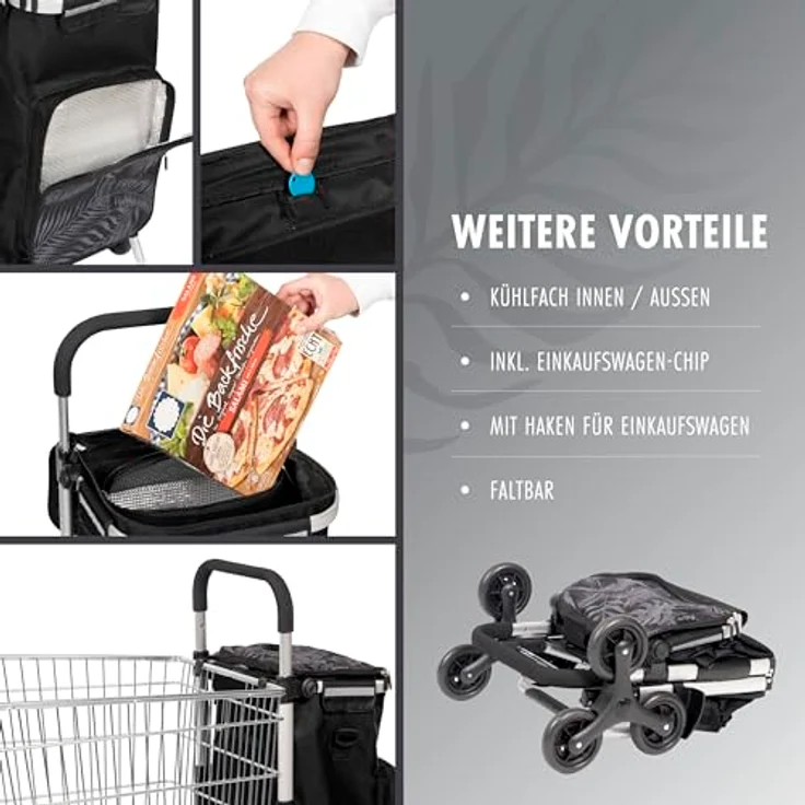 eluno Einkaufstrolley OKEL, Treppensteiger, klappbarer Handwagen, 2 Kühlfächer, Schwarz – Bild 5