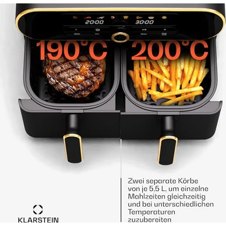 Klarstein AuraAir Color Touch Dual Heißluftfritteuse - 11L Dual-Kammer Airfryer, 1700 W, 8 Programme, Touchscreen, Weniger Fett, Antihaft, Überhitzungsschutz, Automatische Abschaltung, Schwarz/Gold – Bild 3