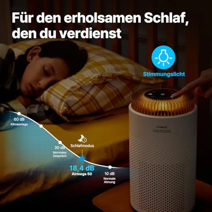 COWAY AIRMEGA 50, Luftreiniger für Schlafzimmer & kleine Räume, CADR 120,1 m³/h, ultra-leise mit 18,4 dB, Auto-Modus, entfernt 99,999% Feinstaub, Pollen & Tierhaare – Bild 5