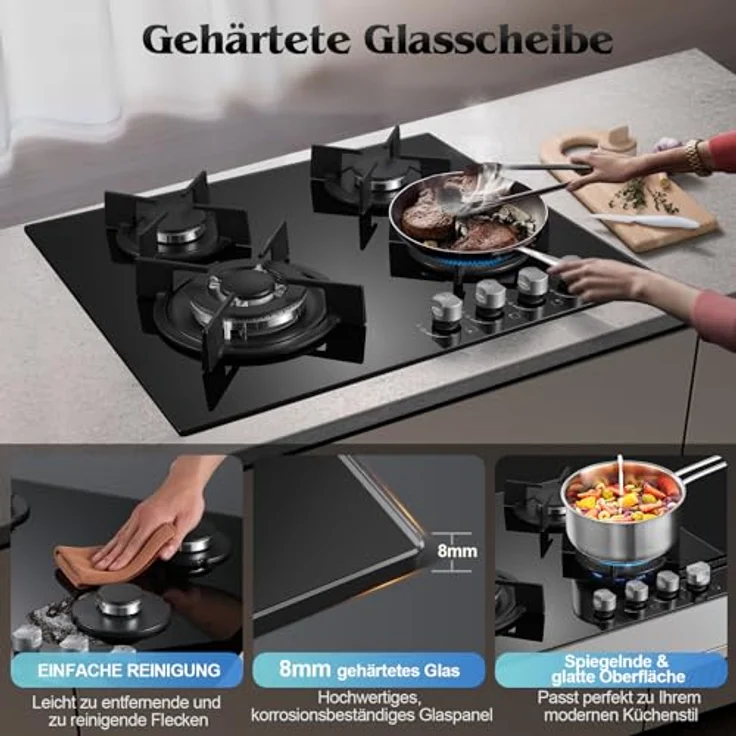 TopStrong Gaskochfeld 4 Flammig, 8060W mit Thermoelementschutz, Einbau 60cm, Schwarz, NG/LPG umgerüstet – Bild 2