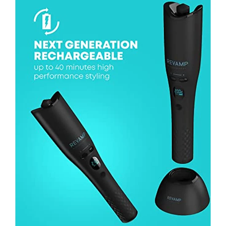 REVAMP Hollywood Curl kabelloser Lockenstab - Automatischer rotierender Haarstyler, Ionenfunktion, Keramik, Progloss-Öle - Rosa – Bild 3