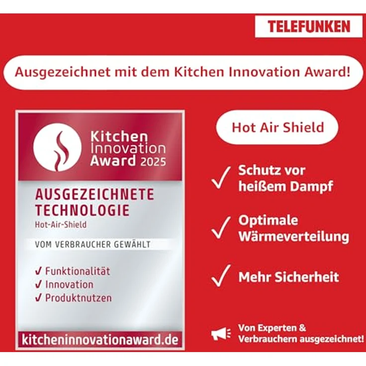 Telefunken ECHS65A-B2 Einbauherd-Set, Elektro-Herd-Kochfeld-Kombination mit 65 Liter Backofen, Grill und Umluft, 4-Zonen rahmenloses Glaskeramik-Kochfeld, Hot Air Shield, Edelstahl, 60 cm – Bild 3