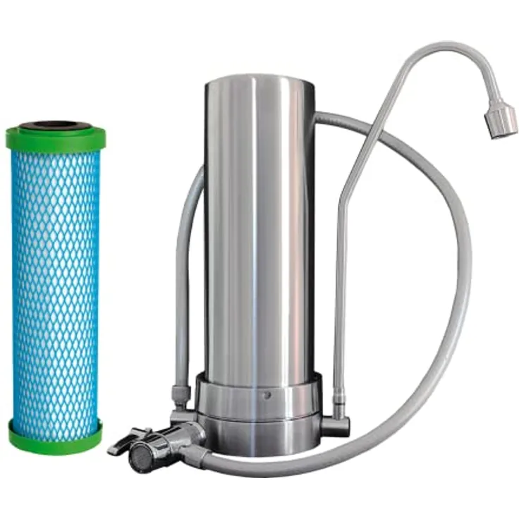 WatPass® INOX Auftisch Wasserfilter & EM Premium 5 Filterpatrone, massives Edelstahlgehäuse, hochwertiger Silikonschlauch