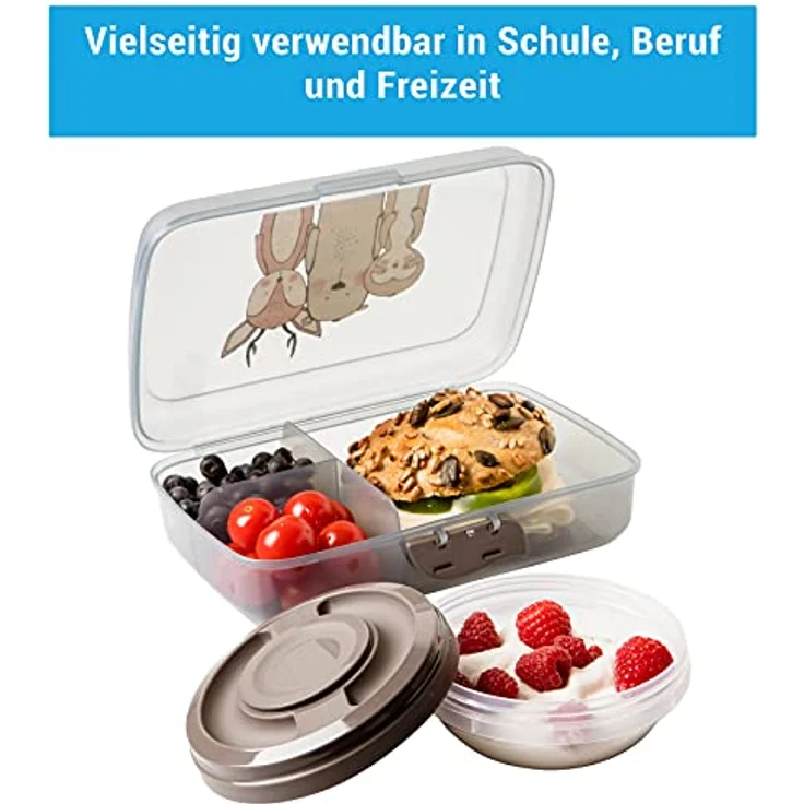 Brotdose Kinder mit Fächern 3friends, 2x Brotdosen + 2x Schraubdeckeldosen, Lunchbox Kinder mit Trennfächern + Clickverschluss, Brotzeitbox Frühstücksbox 100% Recyclebar ohne BPA, Model:Tom – Bild 5