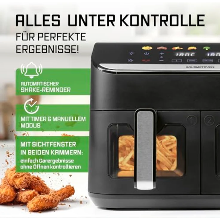 GOURMETmaxx AirGenius 2-Kammer-Heißluftfritteuse, 9 Liter (2 x 4,5 l) mit Multi-Color LED-Touchdisplay, Mattschwarz, 2400 Watt – Bild 7