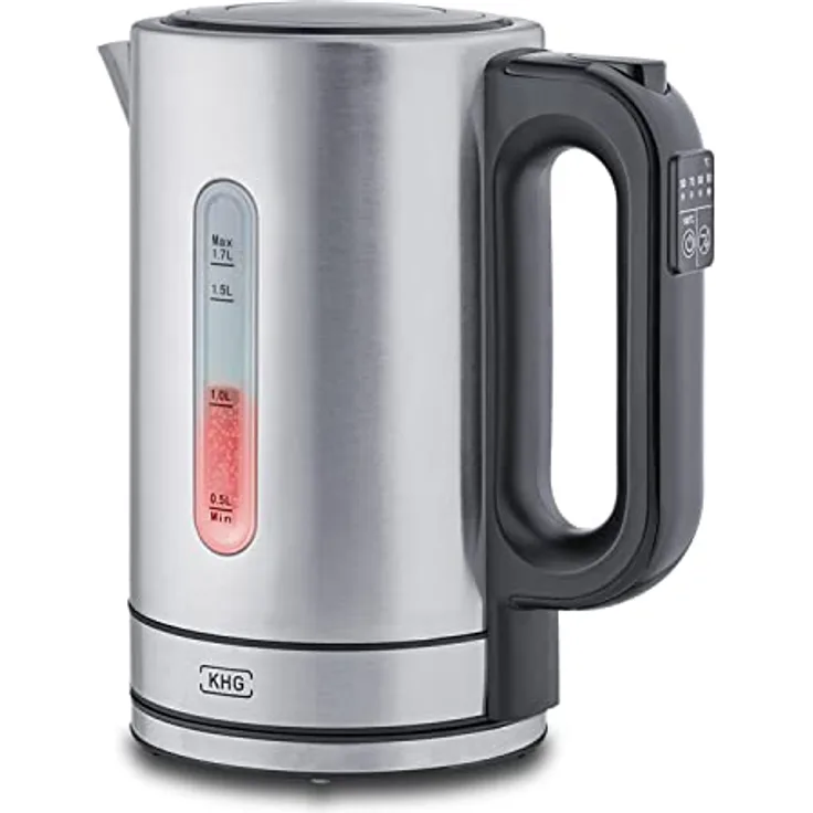 KHG Wasserkocher WK-1703 ES, Edelstahl, 1,7 Liter, 5 Temperaturstufen 50-100°C, Kalkfilter, Trockengehschutz, BPA-frei, 2200 Watt