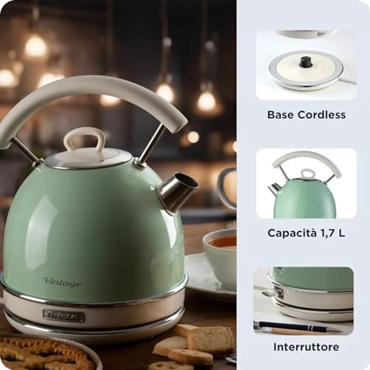 Ariete 2877 Vintage Wasserkocher, 2000 Watt, 1,7 Liter, beige-grün, Rostfreier Stahl, 1.7 liters – Bild 4