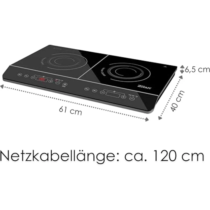 Zilan Doppel-Induktionskochplatte ZLN-8088, Kristallglas, 2 Kochfelder, 10 Temperaturstufen, 200-2000 Watt, Timer, Überhitzungsschutz, Touch-Bedienfeld, Digitalanzeige – Bild 7