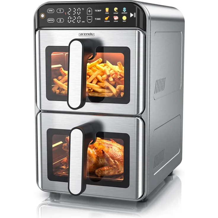 Arendo Heißluftfritteuse Doppelkammer XXL Dual Zone, 11L, 2200W, Edelstahl, fettarm und gesundes Kochen, inkl. Zubehör