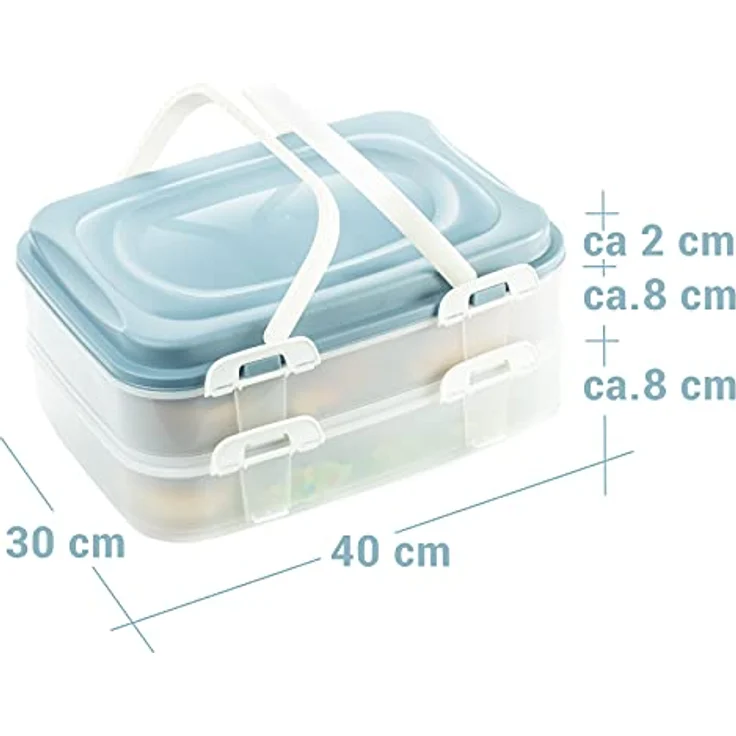 Kuchen Transportbox & Cupcake/Muffin Transportbox - Kuchenbehälter, 2 Etagen Rechteckig Partycontainer mit Hebeeinsatz + Deckel mit Tragegriffen & Clickverschlüssen, 40x30x18cm, Made in EU, Blau – Bild 2