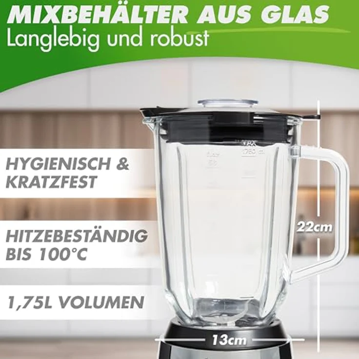 Nutrilovers NUTRI-BLENDER GLAS, Standmixer 1300W mit 1,75L Glasbehälter, Edelstahlgehäuse, 4 Klingen, BPA-frei, leise, variable Stufen, 3 Auto-Programme – Bild 3