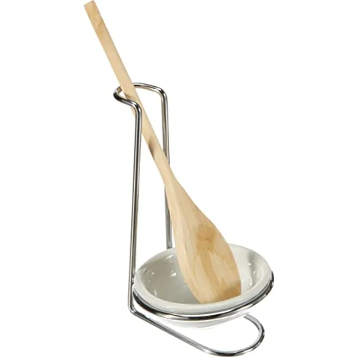 Küchenprofi Kochlöffelständer aus rostfreiem Edelstahl inkl. Porzellan-Schälchen und Holzlöffel, H: 16 cm, Ø 11 cm, Kochlöffelablage