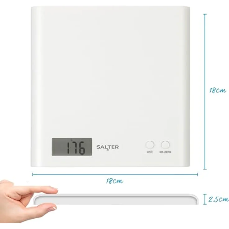 SALTER digitale Küchenwaage, elektronische Waage für die Küche, LCD-Display, Zuwiegefunktion, einfach zu reinigen & platzsparend, max. Traglast 3kg, schlankes Design, weiß – Bild 6