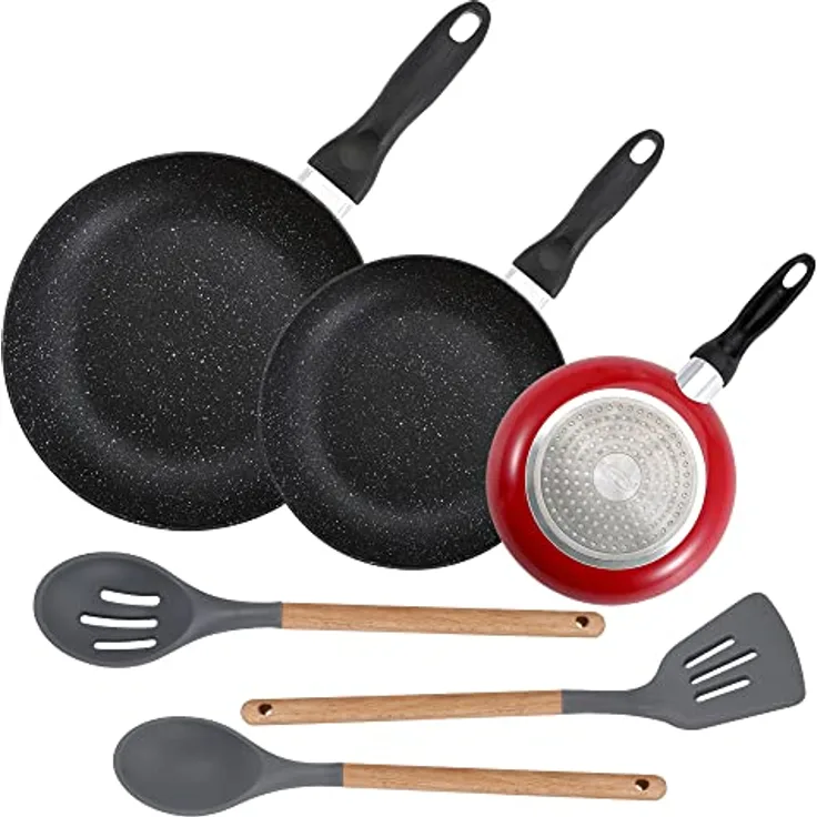 Packung mit 3 Pfannen, Durchmesser 16 cm, Durchmesser 20 cm, Durchmesser 24 cm, 3 Stück Küchenhelfer aus Silikon und Holz