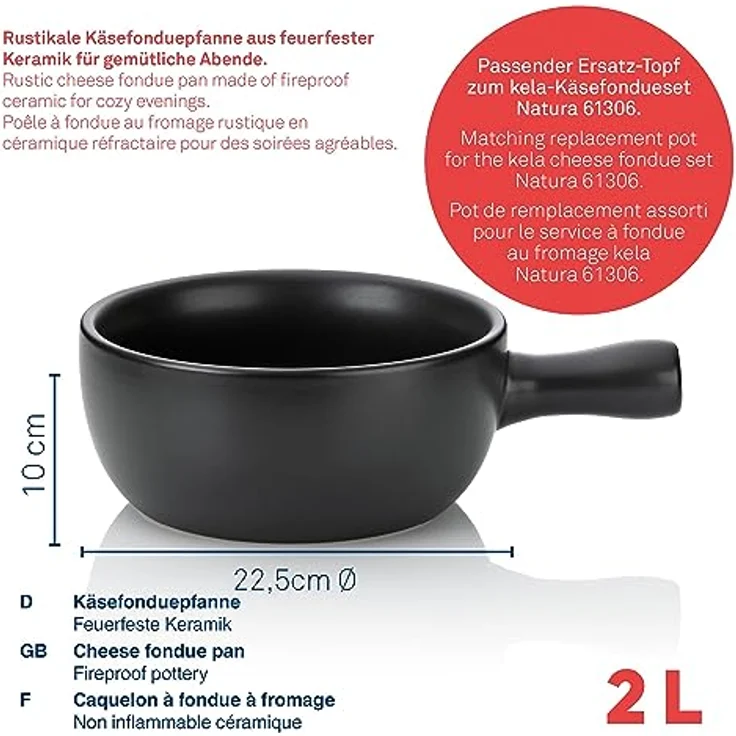 Kela 66575 Käsefondue-Pfanne, Feuerfeste Keramik, 22.5 cm Durchmesser, 2 L, Basel, Schwarz – Bild 3