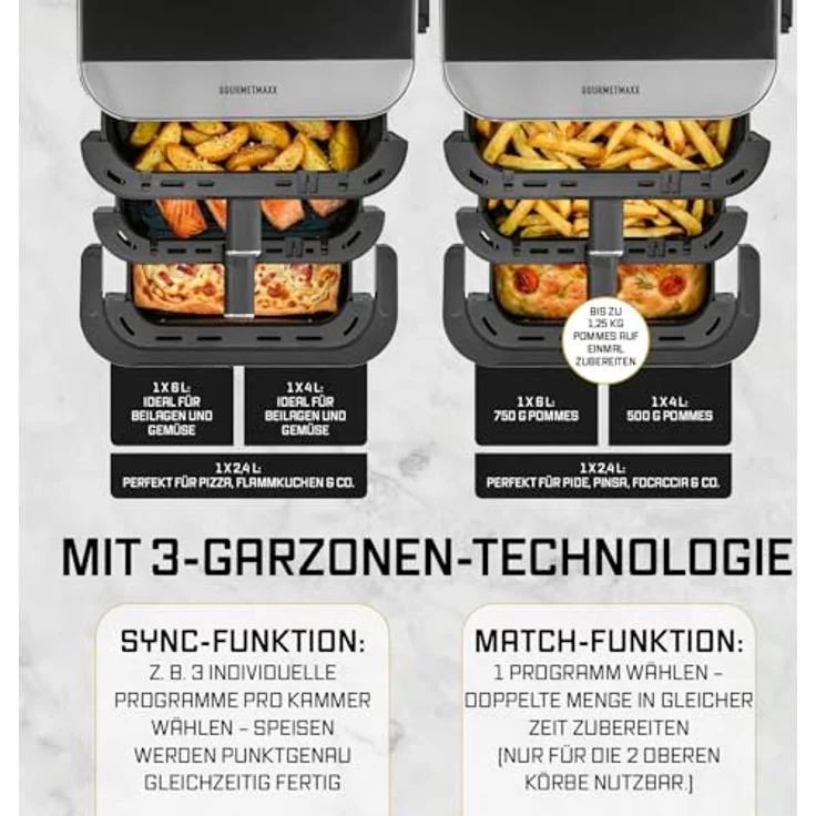GOURMETmaxx Heißluft-Fritteuse FryUp3, 2800W, schwarz, vertikal, Doppelkorb 4l + 6l, Pizzafach, 12 Programme, 13,4l Volumen – Bild 6