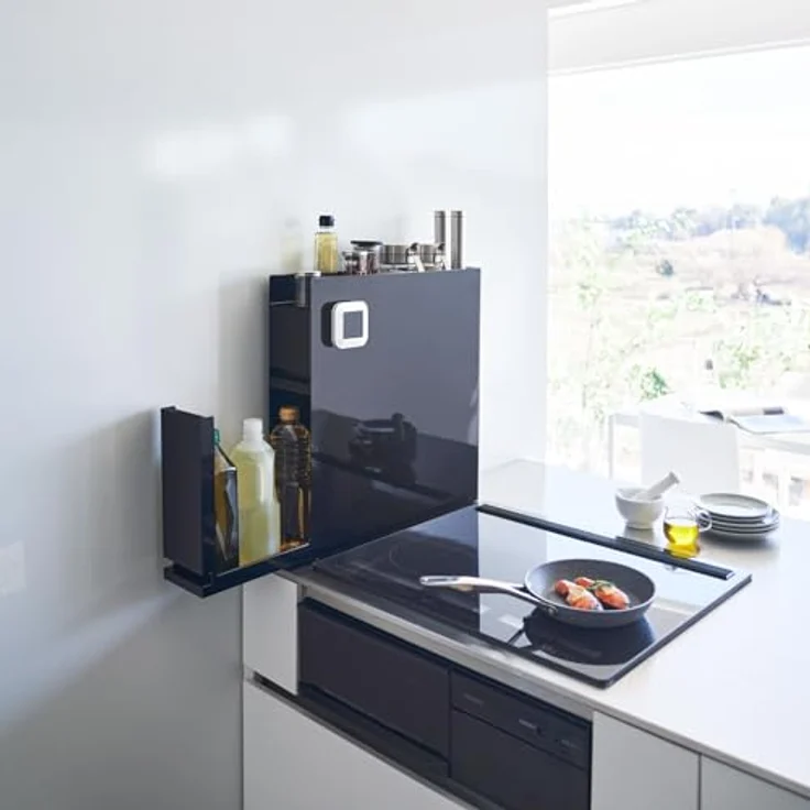 Yamazaki 4335 TOWER 2-Tiered Sliding Seasoning Rack, Black, Steel/Polypropylene, Minimalist Design, 12.5 x 50～93 x 52.5 cm (LxWxH) - Versteckte Aufbewahrung, Magnetische Oberfläche, Belastbarkeit bis 5 kg (unten) – Bild 3