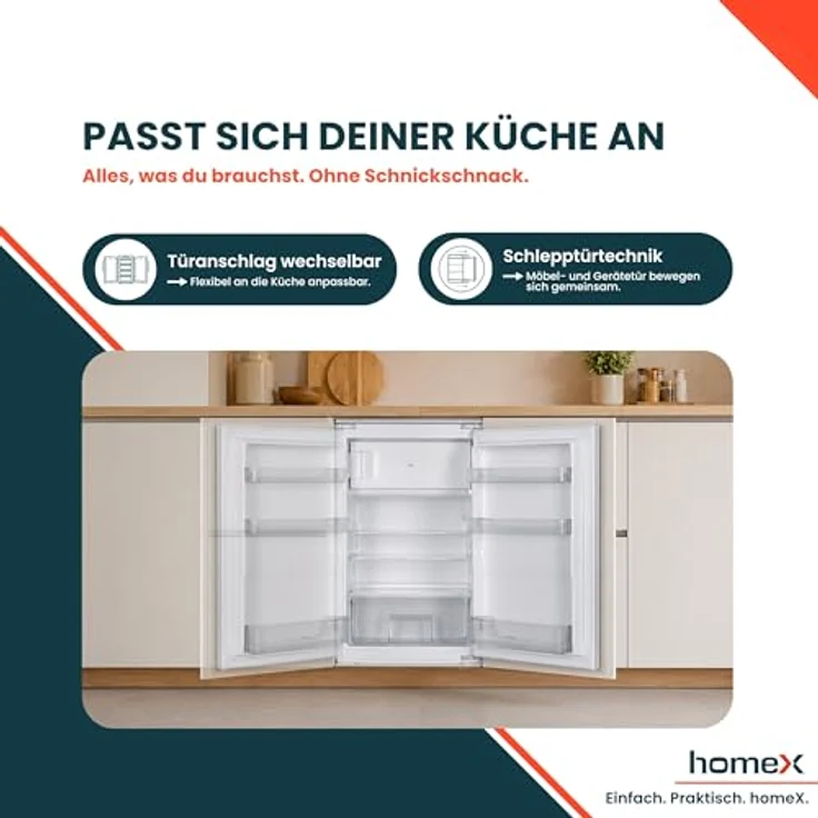 homeX CFB1181E Einbaukühlschrank mit Gefrierfach, 118 Liter, Schlepptürtechnik, LED-Beleuchtung, leise mit 37 dB, für 88 cm Nische – Bild 8