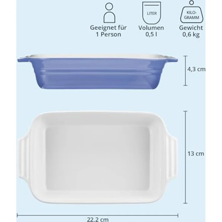 KHG Auflaufform klein 22 cm, 0,5 Liter in Hellblau, kratzfeste Keramik-Ofenform für 1 Person, hitzebeständig & spülmaschinengeeignet – Bild 3