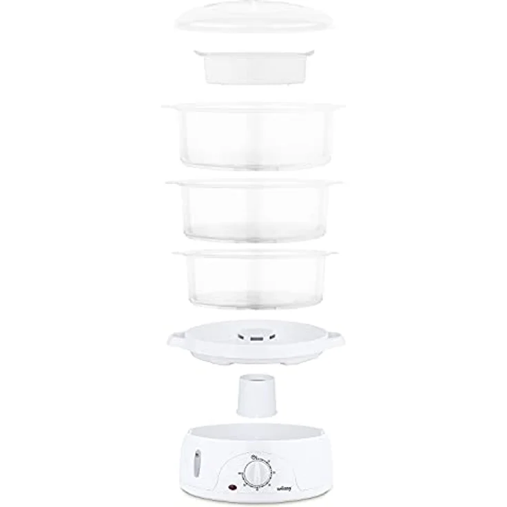 Wëasy Elektrischer Dampfgarer VEGE8 Multifunktions 9 l kompakt, 3 stapelbare Schalen zum Kochen von Eiern, Gemüse, Fleisch, Fisch, Rizkocher, Timer 60 Minuten, Vitaminaufbewahrung – Bild 4