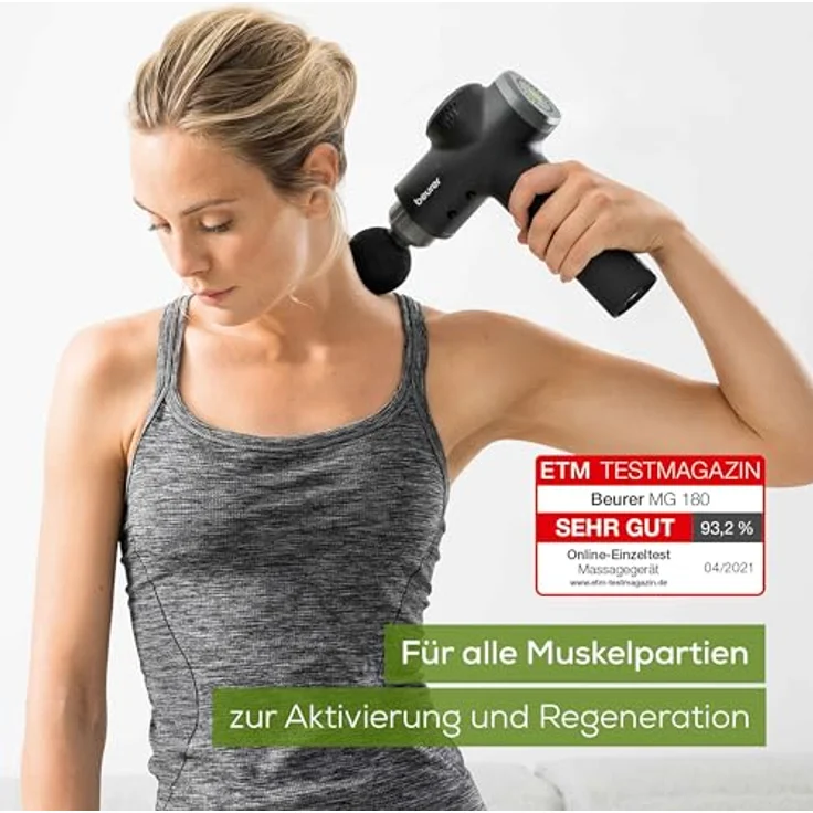 Beurer MG 180 Massage Gun Muskelmassagegerät Handmassagegerät zur Aktivierung und Regeneration 6 Massageaufsätze 4 Intensitätsstufen schwarz – Bild 5