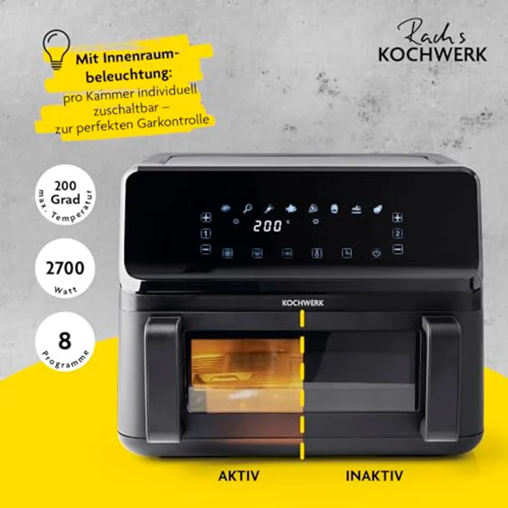 KOCHWERK Vario-Doppelkammer Heißluftfritteuse 9 L | Airfryer mit teilbarer Kammer, Touchscreen & 8 Programmen | Frittieren ohne Öl - fettarm | 2700 W Smart-Cook Funktion, Silber – Bild 2