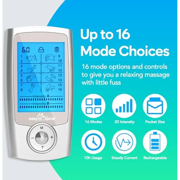 Easy@Home TENS Gerät Schmerztherapie: USB Wiederaufladbare TENS EMS Reizstromgerät Elektrostimulationsgerät mit 16 Auto modi und 8 Massagearten zur Schmerzlinderung von Rücken, Schulter, Bein – Bild 2