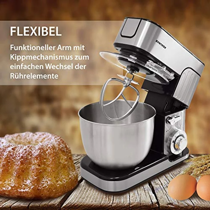 Syntrox Küchenmaschine de Luxe 5,5 L Edelstahlschüssel, 1300W, silber, schwarz – Bild 3
