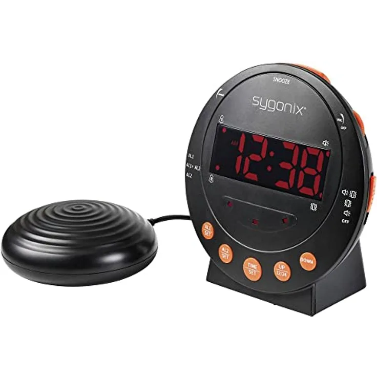 sygonix SY-5266562 Elektronik Wecker, Schwarz mit fluoreszierenden Zahlen, 2 Timerzeiten