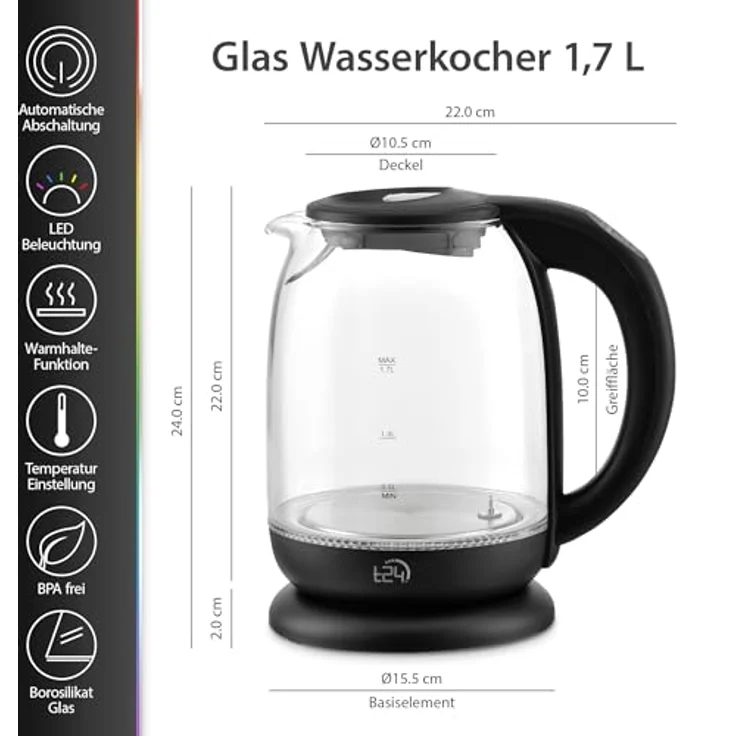 T24 Wasserkocher Glas 1,7 L, Schwarz mit LED Beleuchtung, 2.200W, Temperatureinstellung 60-100 °C – Bild 3