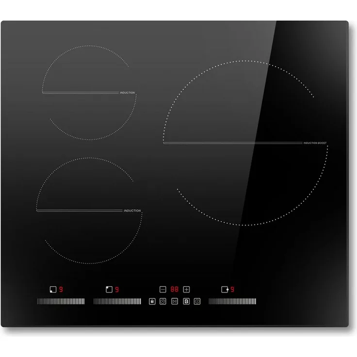 NOXTON Induktionskochfeld 3 Platten Einbau, 60 cm, schwarz, mit Boost-Funktion, 9 Heizstufen, Timer und Kindersperre – 220-240 V, 6500W