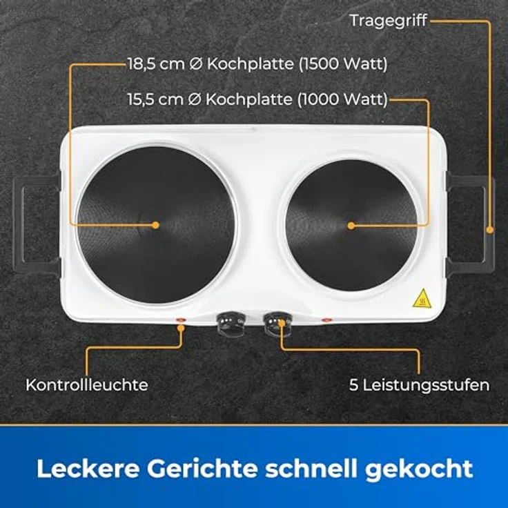 Exquisit Kochplatte KP 3202 we | Massekochfeld | 2 Platten | Leistung 2500 Watt | weiß – Bild 2