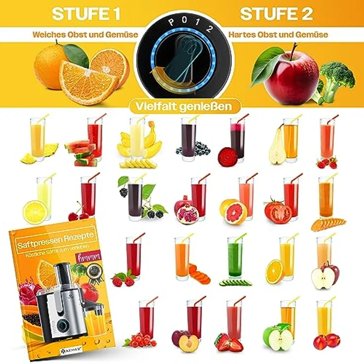 KESSER S030M0384A1P2 Entsafter für Obst und Gemüse, 1100W, große 85 mm Einfüllöffnung, inkl. Reinigungsbürste und Saftbehälter, 3 Geschwindigkeitsstufen, aus Edelstahl, silber – Bild 6