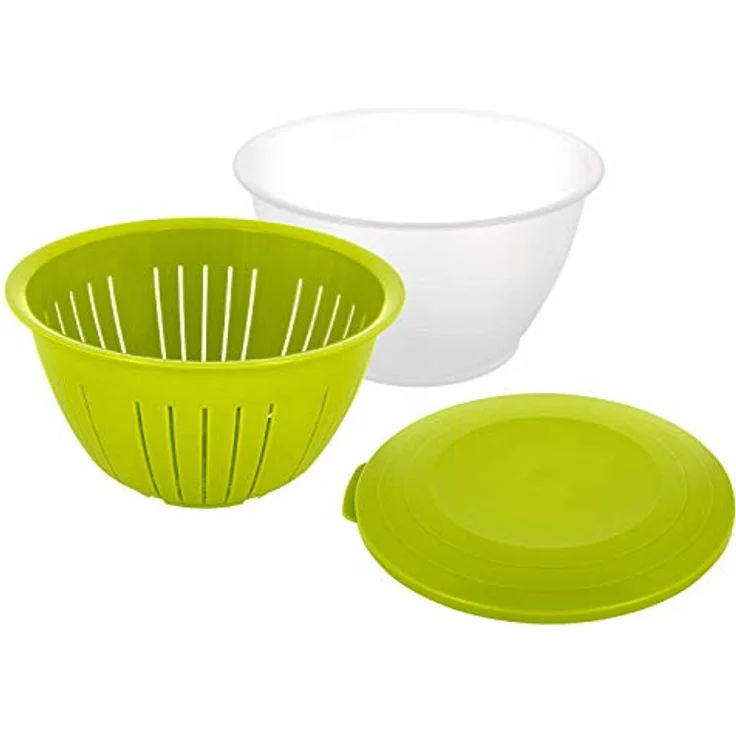 Westmark Vorratsdose/Servier-Schüssel mit Deckel und Sieb/Seiher, 3 teilig, Fassungsvermögen: 4,4 Liter, Kunststoff, BPA-frei, Olympia, Farbe: Transparent/Grün, 2418227A – Bild 1