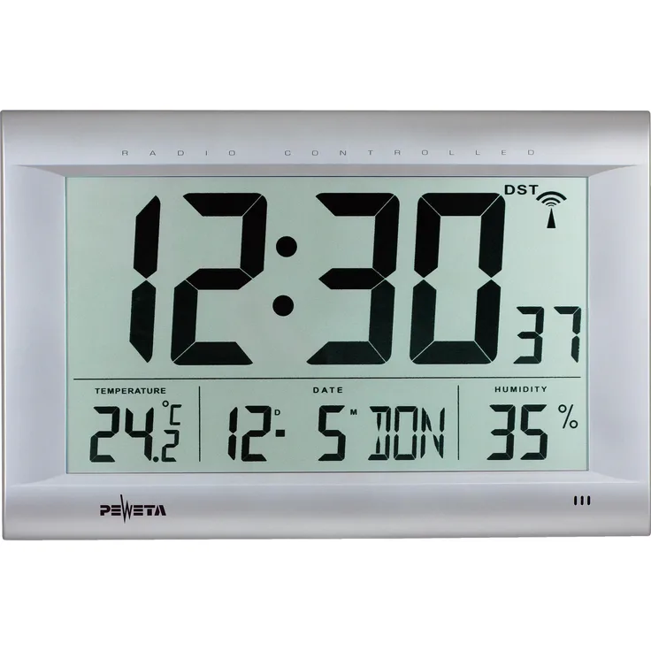 Peweta DCF 77, digitale Wanduhr mit extragroßem LC-Display, matt silberfarben, Temperatur- und Luftfeuchtigkeitsanzeige, Wecker mit Schlummerfunktion, batteriebetrieben