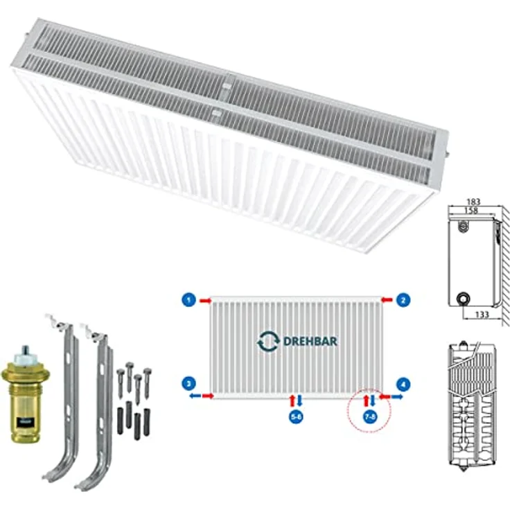 Belrad Typ 33 Universalheizkörper Ventilheizkörper 8 Anschlüsse 700 x 900 (HxB)-2442w, Mittelanschluss, RAL9016 (reinweiß) – Bild 1